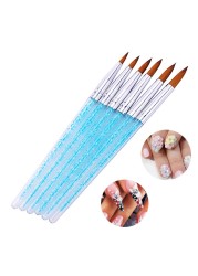 6pcs/set Nylon Hair Nail Brush Blue Rhinestone Faux Fur Acrylic Brush Pen Nail Gel Builder Carving Dotting Painting Tools