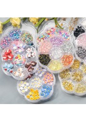 1 Box of 7 Nail Art Decorations Bow Aurora Bear Butterfly Rhinestone Pearl Mixed Set Box DIY Nail Decoration designer charms