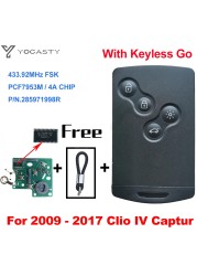 YOCASTY 285971998R Keyless Smart Key PCF7953M 4A Chip 433MHZ For 2009 2010 2011 2012 2013 2014 2015 2017 Renault Clio IV Captur