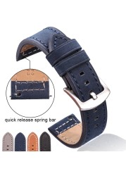 HENGRC Genuine Leather Watches Bracelet Black Blue Gray Brown Cowhide Watch Strap for Women Men 18 20mm 22mm 24mm Wrist Band