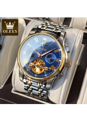 OLEVS-Men's Mechanical Watch, Classic, Water Resistant, Stainless Steel, Skeleton, Mechanical