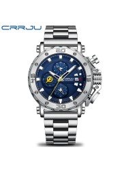 Relogio Masculino CRRJU Sport Chronograph Mens Watches Luxury Brand Full Steel Quartz Watch Waterproof Big Double Watch Men