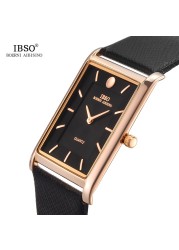 IBSO 7mm Ultra-thin Rectangle Dial Quartz Wristwatch Black Genuine Leather Strap Watch Men Business Classic Men's Quartz Watches