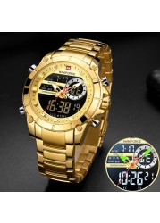 NAVIFORCE Men Military Sports Wrist Watch Gold Quartz Steel Waterproof Dual Display Male Clock Watches Relogio Masculino 9163