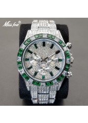 MISSFOX Ice Out Men's Wristwatch Luxury Green Diamond Calendar Quartz Wristwatch Hip Hop Fashion Waterproof Man Watch 2022 New