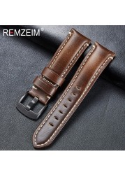 Remz Patterned - Genuine Leather Watch Strap, Brown, Green, Antique, 20, 22, 24, 26 mm, with Black and Silver Buckle