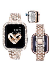 Women's Diamond Case + Strap for Apple Watch Band 7 6 41mm 45mm 40mm 44mm Metal Bracelet for iWatch Series 7 SE 3 Jewelry Cover