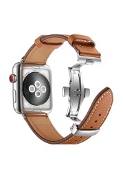 For Apple Watch Band Genuine Leather Strap Apple Watch 7 6 5 4 3 2 1 SE 45mm 41mm Butterfly Clasp Strap for iWatch 44/40mm 42 38