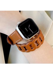 Gourmette Double Round Strap for Apple Watch Band 40mm 41mm 38mm 44mm 45mm 42mm Genuine Leather Bracelet iWatch serie 7 6 5 3 se