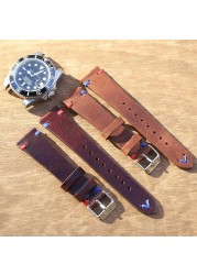 Handmade Retro Genuine Leather Watch Band 20mm 22mm Red Blue Line Calfskin Watch Strap Bracelet for Men Watch Accessories