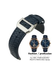 20mm 21mm 22mm Woven Genuine Leather Watch Band Cowhide Strap Fit For IWC Portugieser Pilot IW394005 IW3777 Blue Soft Watchband