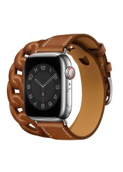 Genuine Leather Strap for Apple Watch Band 45mm 41mm 38mm 44mm 40mm 42mm Gourmette Double Round Bracelet iWatch Series 7 6 5 3 se