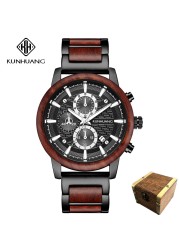 Kunhuang Luxury Wood Stainless Steel Men Watch Fashion Wooden Watches Chronograph Quartz Watches relogio masculino gift man