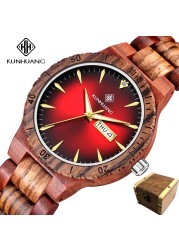 Kunhuang Men's Watch Colorful Dial Wooden Watch Week Clock Date Display Quartz Wood Wristwatch for Men Women reloj mujer