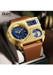 Oulm Fashion Pilot Digital Mens Watch Dual Display Multiple Time Zones Sport Leather Strap Military Oversize Quartz Male Clock