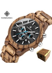 Kunhuang Luxury Elegant Men Wood Watch Military Chronograph Watches Quartz Relogio Masculino Custom Dropshipping