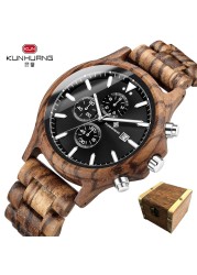 Kunhuang Handmade Wooden Watches Mens Watches Chronograph Watch Military Quartz Wristwatch Male In Wooden Gift Box Relogio