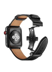 Butterfly Clasp Strap for Apple Watch Band 45mm 41mm 44mm 40mm 42mm 38mm Genuine Leather Korea Bracelet iWatch 4 5 6 se 7 band