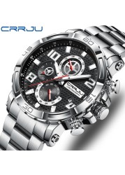 CRRJU Men's Watches Large Dial Waterproof Stainless Steel With Luminous Hands Date Sports Chronograph Watches Relogio Masculino