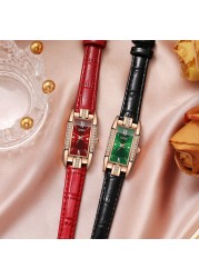 Luxury Fashion Women Watches Gift for Lady Red Leather Strap Simple Watch Case Rhinestone Rectangle Dial Clock Reloj De Mujer