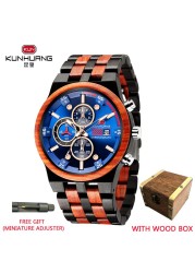 Kunhuang Wooden Mens Watch Luxury Elegant Wood Watches Chronograph Zebra Wood Quartz Watches in Wooden Gift Box reloj de hombre