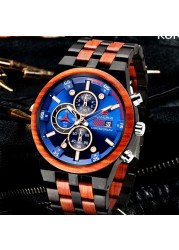 Reloj hombre KUNHUANG جديد ساعة خشبية الرجال العلامة التجارية الفاخرة كرونوغراف العسكرية ساعات كوارتز للرجل دروبشيبينغ مخصصة