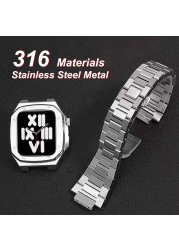 Luxury Stainless Steel for Apple Watch Band 7 41 44 45mm Noble Metal Set Rubber Strap for iWatch Series SE 6543 Modification Kit