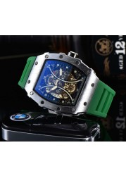 Richard Men's High Quality Diamond Quartz Watch Hollow Back Glass Stainless Steel Case Black Rubber Watch