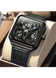 OUPINKE Automatic Watch Men Skeleton Mechanical Watch Steampunk Sapphire Crystal Square Leather Transparent Sports Wristwatches