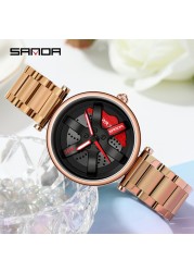 SANDA New Fashion Rotate Wheel Pattern Women's Watch Stainless Steel Waterproof Quartz Watch for Women Luxury Relogio Feminino