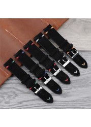 Genuine Suede Leather Watch Strap Handmade Colorful Stitching Black Watchband 18mm 20mm 22mm 24mm Replacement Band Men