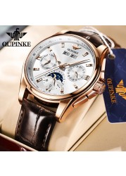 OUPINKE Luxury Watch Men Mechanical Wristwatches Leather Sapphire Waterproof Sports Business Moon Phase Automatic Watch for Men