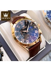 OLEVS Waterproof Corium Strap Men's Wristwatches Quartz Multifunction Three-eye Six Hand Fashion Luminous Men's Watches