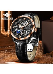 OUPINKE Watch Men Skeleton Design Automatic Watch 50M Waterproof Sapphire Leather Strap Men Mechanical Wristwatches 3268