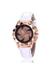 Popular windmill diamond inlaid women's quartz watch leisure bamboo style leather strap