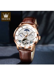 OLEVS New Luxury Men Automatic Mechanical Watch Waterproof Luminous Hollow Watches for Men Leather Strap Moon Phase Calendar