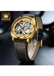 OLEVS Watch for Men Luxury Brand Diamond Automatic Mechanical Wristwatches Skeleton Design Waterproof Leather Men's Watches