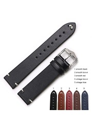 Rolamy 20 22 24mm Wholesale Genuine Cowhide Smooth Vintage Leather Black Brown Blue Red Watch Band Strap with Polish Buckle