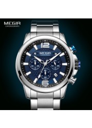 MEGIR 2020- Luxury Watches for Men, Men's Watch, Stainless Steel, Luminous, Water Resistant, Sport Chronograph, Quartz, Blue