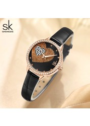 Quartz Watch for Women Luxury Fashion Leather Wristwatch Female Anniversary Gift Office Casual Shopping Rhinestone Heart Clock