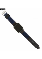 URVOI Strap for Apple Watch Series 7 654321SE Jean Band with Genuine Leather Strap for iWatch Denim Design Canvas Denim Wristband