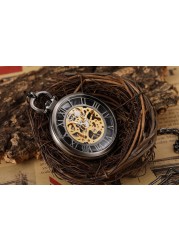 Hand Wind Mechanical Luxury Steampunk Pocket Watch Hollow Men Watches Roman Numeral Clock With Fob Chain With Box Reloj Hombre