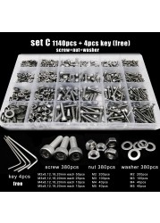 Total 400/650/1140/2100X M1.6 M2 M2.5 M3 M4 M5 304 Stainless Steel Hex Handle Hex Socket Cap Head Screw Bolt Nut Set Assortment Kit