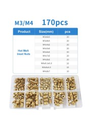 90-500 قطعة M2 M2.5 M3 M4 M5 M6 النحاس الساخن تذوب المكسرات مجموعة متنوعة موضوع النحاس مخرش الخيوط إدراج Embedment المكسرات مجموعة