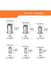 210pcs Stainless Steel Rivet Nut Set ,304 Flat Head Steel Rivet Nut Threaded Rivet Nut Insert Assorted Set