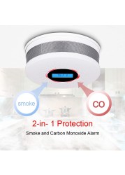 2 in 1 Wireless Carbon Monoxide Smoke Sensors Co Toxic Gas Leak Detector 85dB Built In Voice Promp Digital Color LCD Display