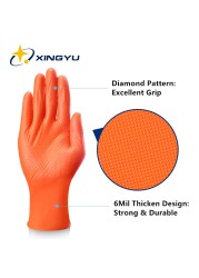 Mechanics Black Nitrile Gloves 50pcs Powder Free Safety Work Gloves Orange Color Synthetic Nitrile Diamond Pattern Gloves