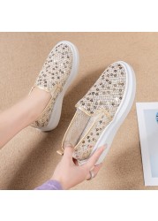 Rimocy Women's Gold Silver Embroidery Loafers 2022 Summer Slip On Casual Shoes Mesh Breathable Mesh Casual Shoes Thick Sole