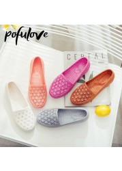 Pofulove Flats Shoes Women Hollow Out Slip On Casual Nursing Shoes Summer Loafers Female Sandals Shallow Beach Breathable Zapatos