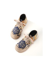 Embroidered Women Shoes Boho Cotton Linen Single Canvas National Woven Round Toe Lace Up Cloth Shoes Woman Flats Size 35-40